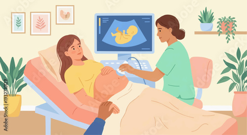 Doctor performing ultrasound scan on pregnant woman belly prenatal care vector illustration.