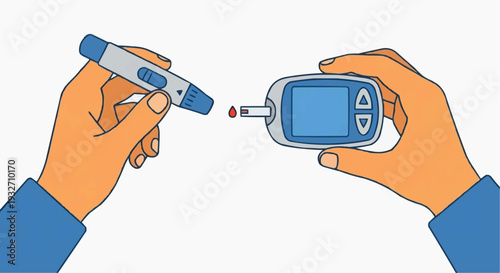 Hands using blood glucose meter for diabetes testing concept vector illustration.