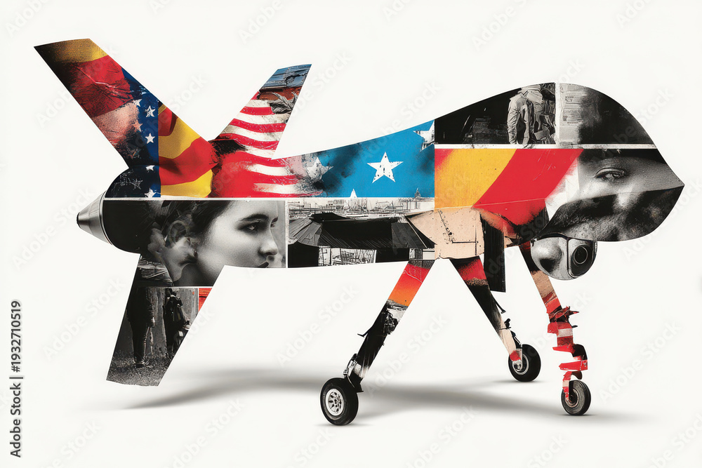 Obraz premium usa themed military drone collage with american flag and cultural elements