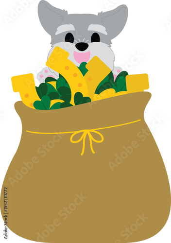 Lucky Schnauzer Puppy in a Sack of Gold and Clovers