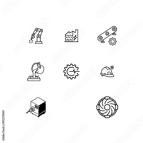 Heavy industry and smart manufacturing linear icon set, industrial robot arm, factory automation and metallurgy production vector symbols