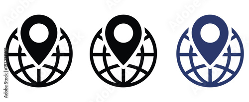 Location, marker on globe icon set with world map and GPS pinpoint, navigation and travel symbols, global positioning concept, clean vector design for apps, websites, and digital projects.