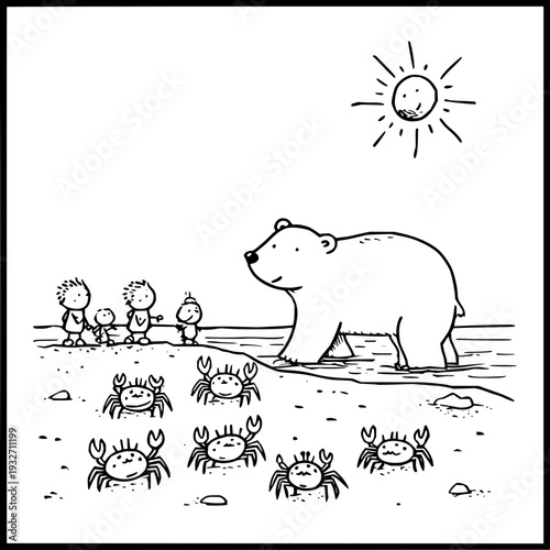 Polar bear and children observe crabs on sunny beach in playful cartoon scene with sea creatures