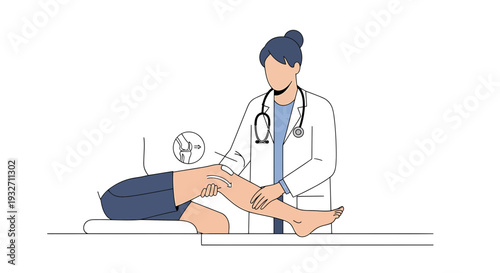 Doctor examining patient's knee joint, medical illustration