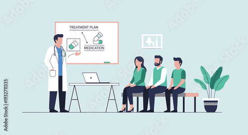 Doctor Explains Treatment Plan and Medication to Patients in Waiting Room
