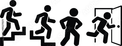 Four people running up stairs and exiting through a door