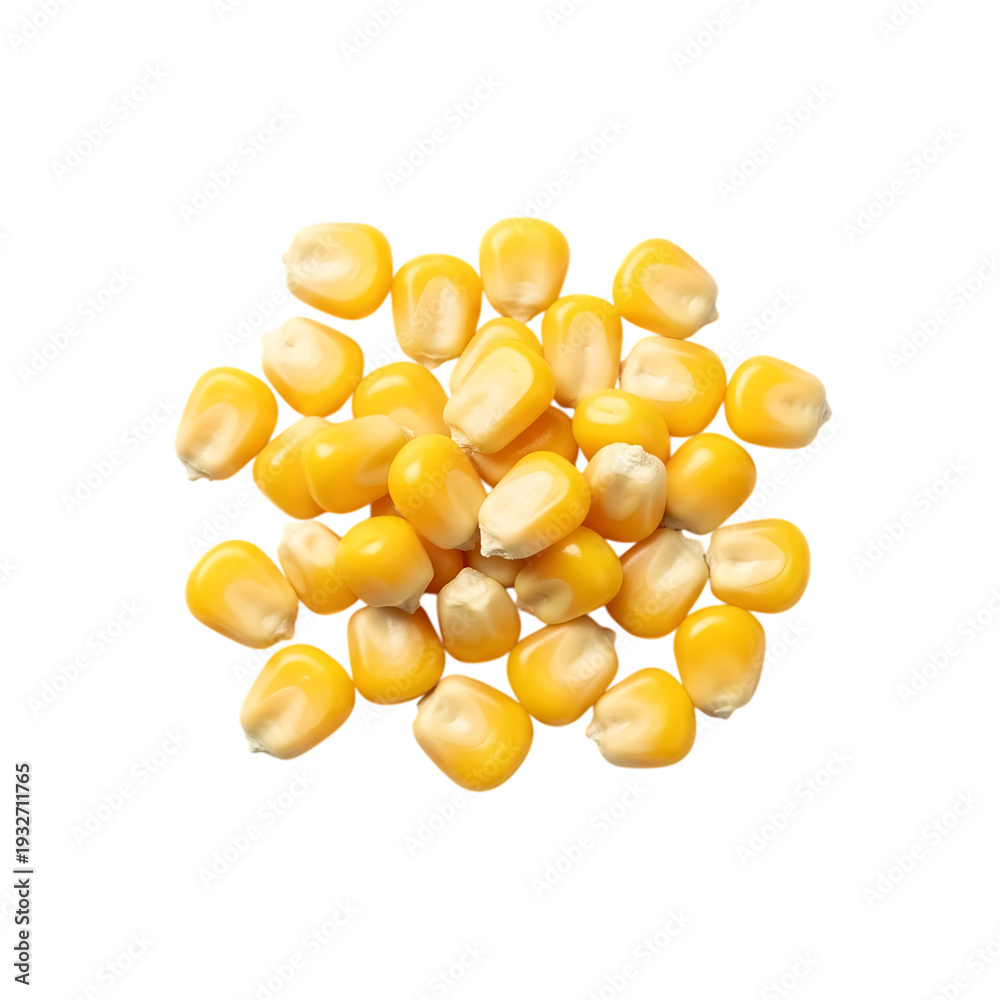 Fototapeta premium A scattered pile of yellow corn kernels showcasing their texture and form on transparent background
