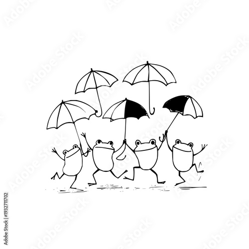 Four frogs dancing in rain with umbrellas black and white illustration fun and playful scene