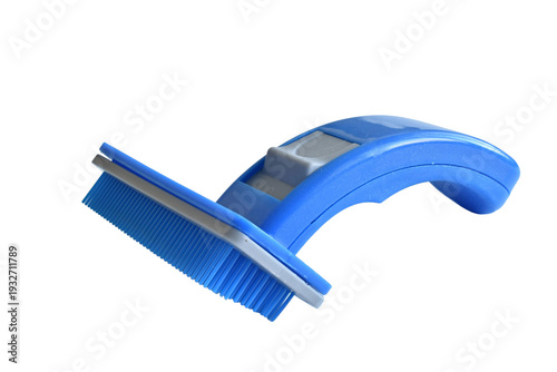 Blue slicker brush for combing pet hair isolated on PNG background.