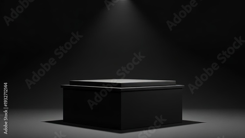 Minimalist black rectangular podium with a single spotlight illuminating the surface in a dark studio setting Keywords: podium, display, stage, platform, black, dark, spotlight, illumination