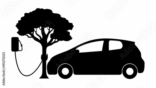 Electric car charging under a tree for sustainable energy