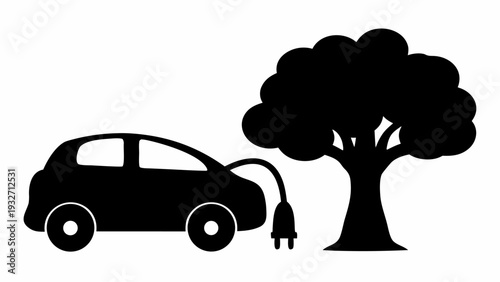 Electric car charging under a tree symbolizing eco-friendly transportation
