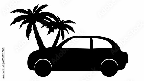 Silhouette of car parked under tropical palm trees on sunny beach