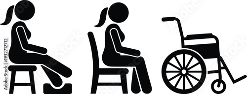 Illustration depicting a person sitting on a chair, a person sitting on a bench, and a wheelchair