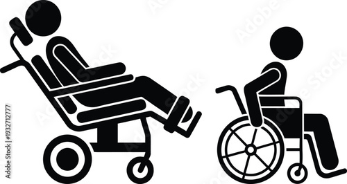 Two individuals using wheelchairs, one in a reclined position and the other in a standard wheelchair.