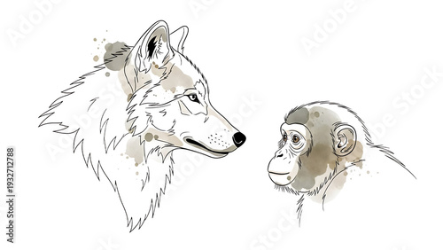 Wolf and Monkey Facing Each Other.