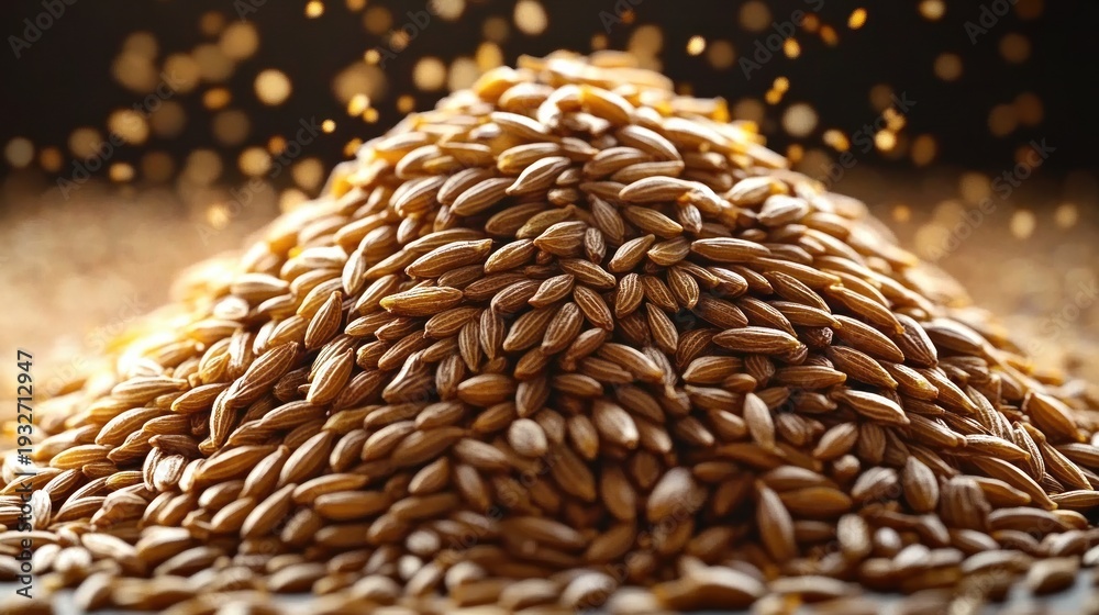 Obraz premium close-up pile of golden cereal grains with warm glowing bokeh, abundant and inviting