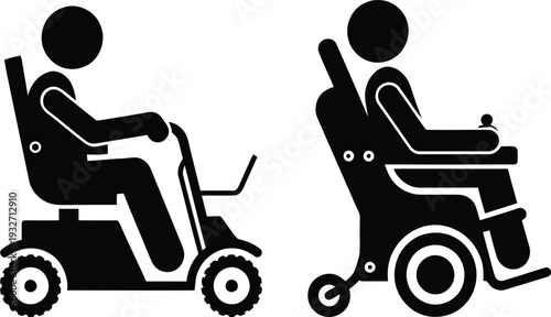 Two individuals using different types of mobility scooters for transportation.