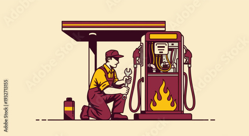 A vector illustration of a mechanic kneeling beside an old-fashioned gas pump with a wrench, suggesting repair or maintenance work in a vintage setting.