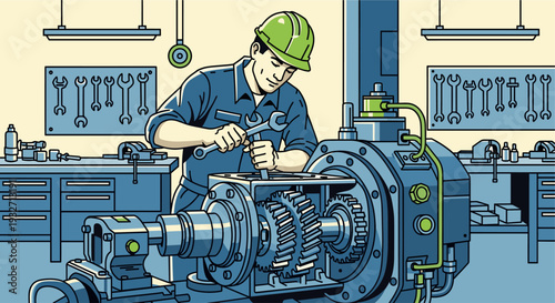 A mechanic with a wrench is shown repairing a gearbox in a cartoon style workshop setting, featuring a detailed depiction of the gears and tools.
