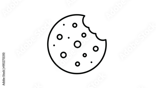Simple line art illustration of a round chocolate chip cookie with a bite taken out, symbolizing a snack, treat, or indulgence.
