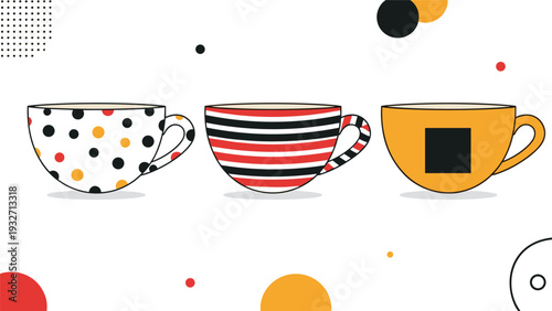 Three decorative cups with various patterns (polka dots, stripes, solid with square) and handles, conveying a sense of variety, coffee, or tea.