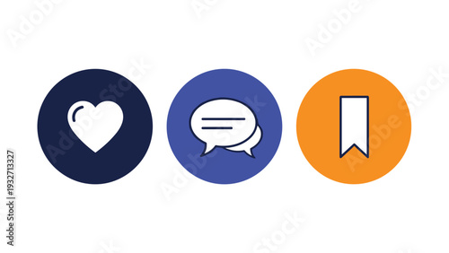 Three colorful circular icons representing social media actions: a heart for likes, a speech bubble for comments, and a bookmark for saving content.
