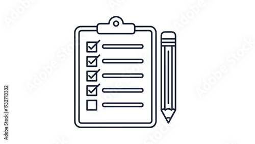 Outline icon of a clipboard with a checklist of completed tasks and a pencil, representing task management, planning, or survey completion.