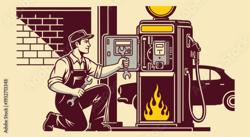 Illustration of a mechanic kneeling and repairing an old-fashioned gas station fuel pump with a wrench, a car visible in the background, in retro style.