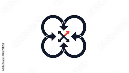 Four concentric black circles with arrows pointing outwards from a central red arrow, representing expansion, growth, integration, or interconnectedness.
