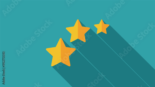 Three golden stars of varying sizes casting long shadows on a teal background, representing quality, rating, review, and achievement in flat design.