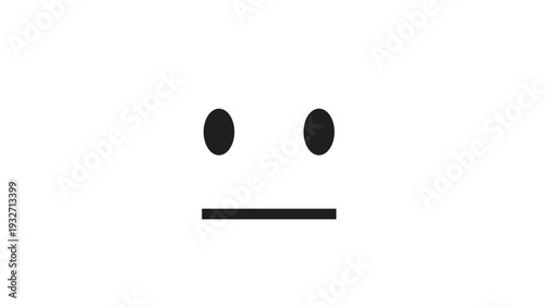 Minimalist icon of a neutral face, composed of two black dots for eyes and a straight black line for a mouth on a white background, conveying impartiality.