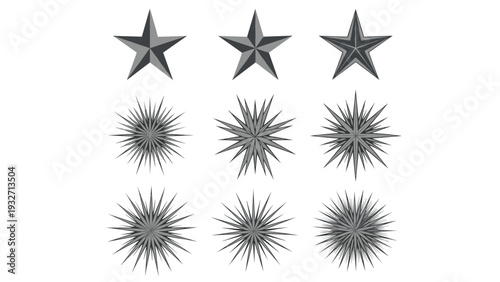 Grid of nine star icons in shades of gray, showing variations from a simple five-pointed star to complex spiky starbursts, ideal for ratings and decorative elements.
