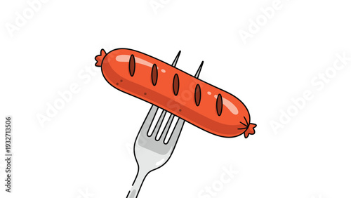 Grilled hot dog or sausage on a silver fork, with prominent grill marks visible, presented on a white background, suggesting a cooked meal.