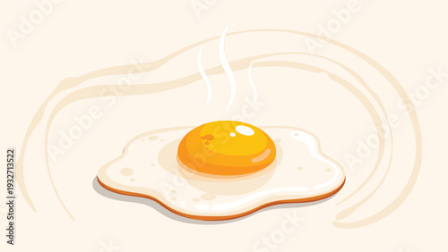 Freshly cooked fried egg with a perfectly yellow yolk and visible steam, placed on a light beige background with subtle wavy outlines, evoking breakfast.