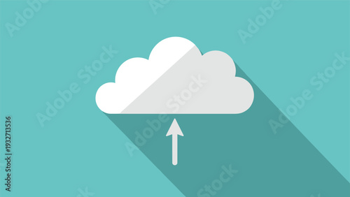 White cloud icon with an upward-pointing arrow beneath it, casting a long shadow on a teal background, representing cloud upload or data transfer.