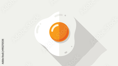 Flat design fried egg with a perfectly round yellow yolk, casting a long shadow on a light gray background, suggesting a minimalist breakfast item.