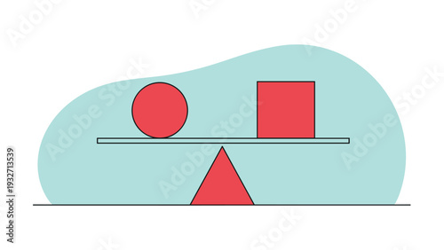 Red circle and a red square balanced on a red triangle, all on a light blue wavy background, illustrating a concept of balance, stability, or equality.