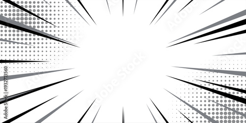 Comic book black and white radial lines background. Manga speed frame. Super hero action. Vector illustration.