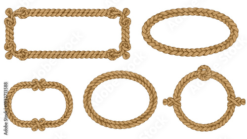 Set of six braided rope frames and borders in various shapes like rectangular, oval, and circular, with nautical knot details on a white background.