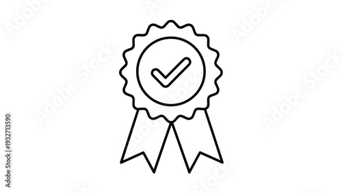 Outline icon of a rosette or ribbon badge with a checkmark in the center, signifying quality, approval, or achievement on a white background.