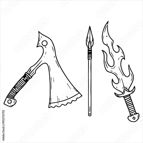 A Hand-Drawn Illustration Featuring Three Distinct Fantasy Weapons: An Axe, A Spear, and A Fiery Sword, Presented on a White Background.