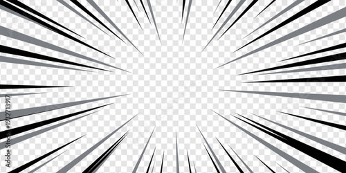 Comic book black and white radial lines background. Manga speed frame. Super hero action. Vector illustration.
