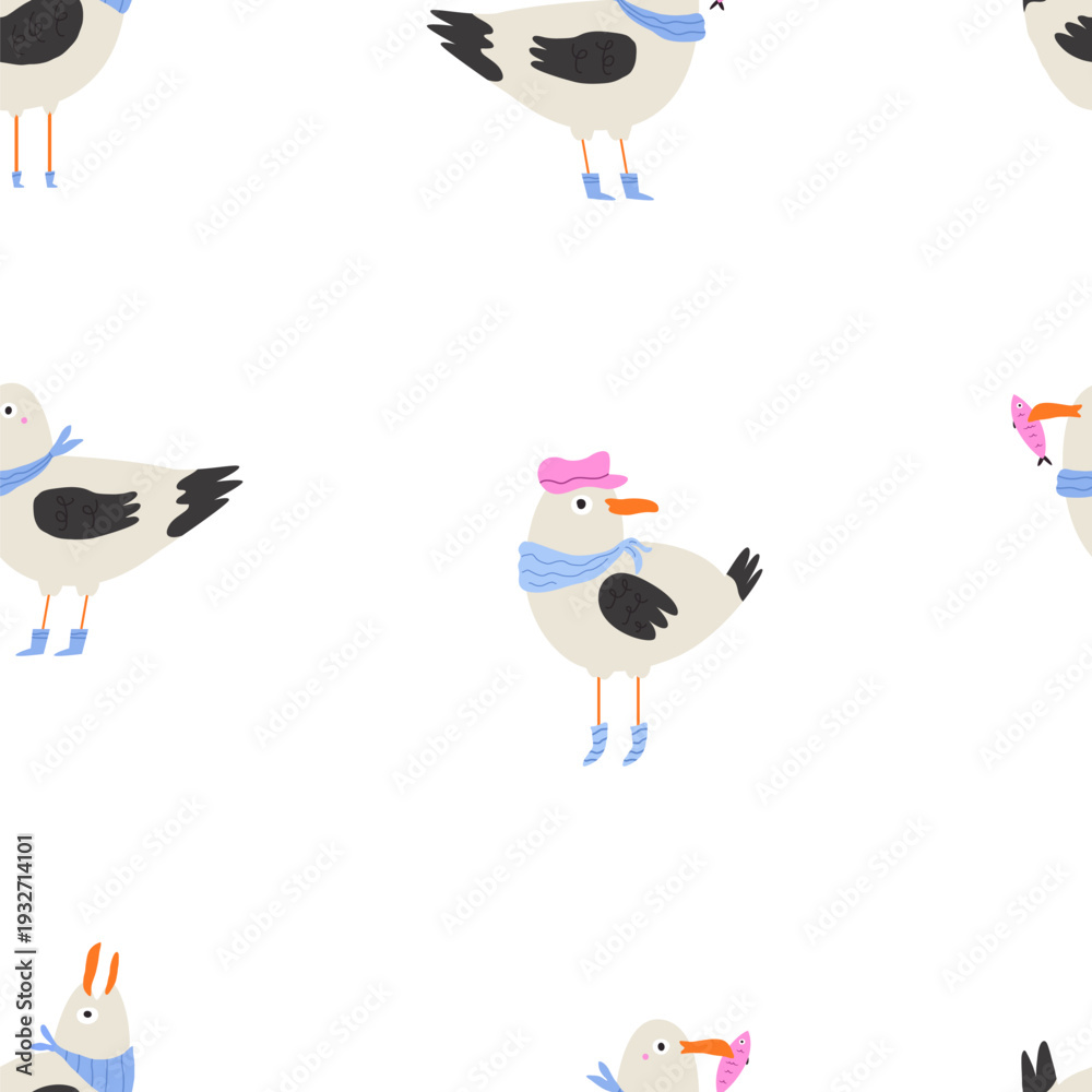 Fototapeta premium Seamless Seagull Pattern – Cute Cartoon Coastal Bird Vector Background