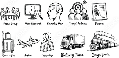 Hand drawn business marketing research and global logistics transportation vector icon set for commercial branding design