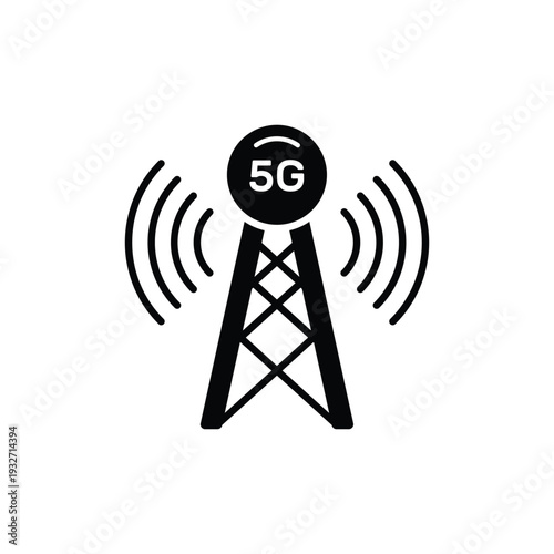 5G cell tower with signal waves, symbolizing high-speed mobile network and telecommunications