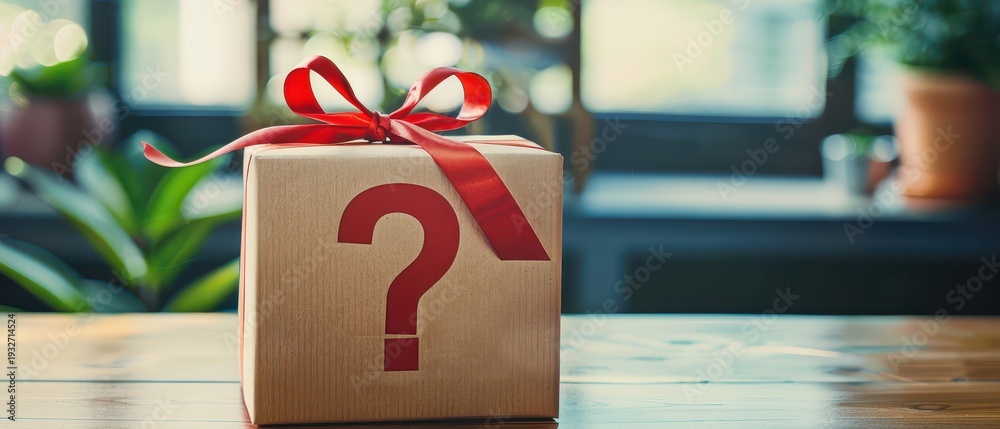 Naklejka premium Cardboard gift box with red ribbon and question mark symbol on wooden table, mystery surprise concept, promotion, secret offer