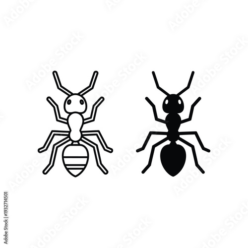 Ant icon for web design, insect pest, isolated on white background, black and white