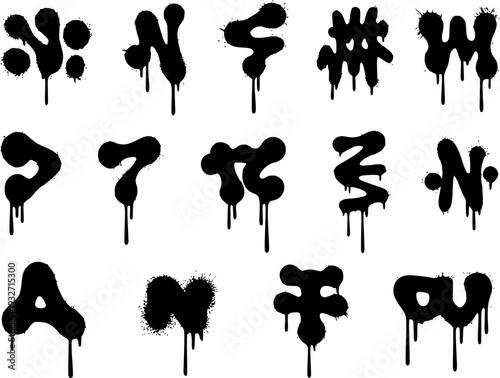 Black graffiti spray paint letters and symbols dripping white background