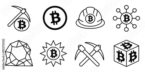 Bitcoin Crypto Mining Icons Isolated on White Background, Vector Illustration Set Featuring Cryptocurrency Mining Symbols
